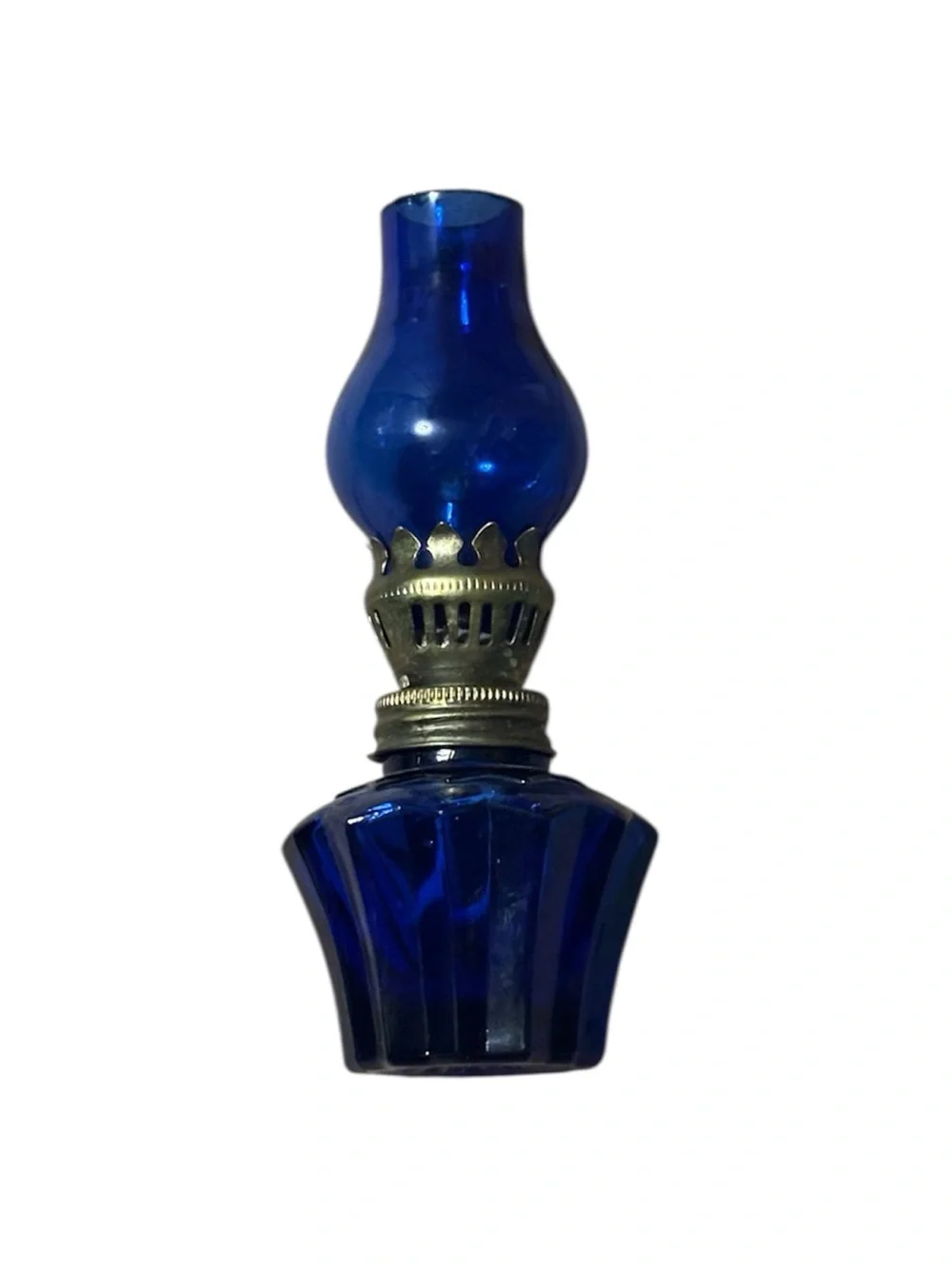 Vintage Cobalt Blue Glass Mini Oil Lamp Hurricane Made in Hong Kong 4.5” Tall